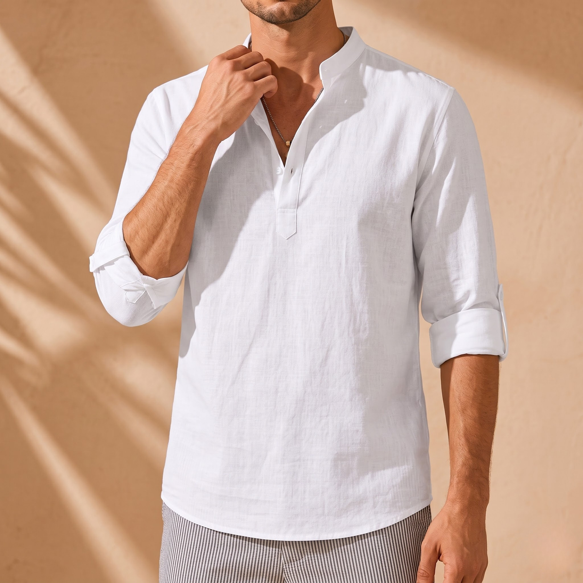 Striped Cotton-Linen Stand Collar Shirt