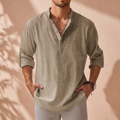Striped Cotton-Linen Stand Collar Shirt