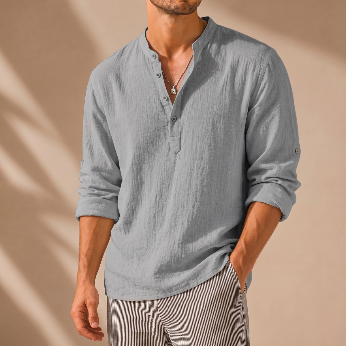 Striped Cotton-Linen Stand Collar Shirt