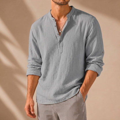 Striped Cotton-Linen Stand Collar Shirt