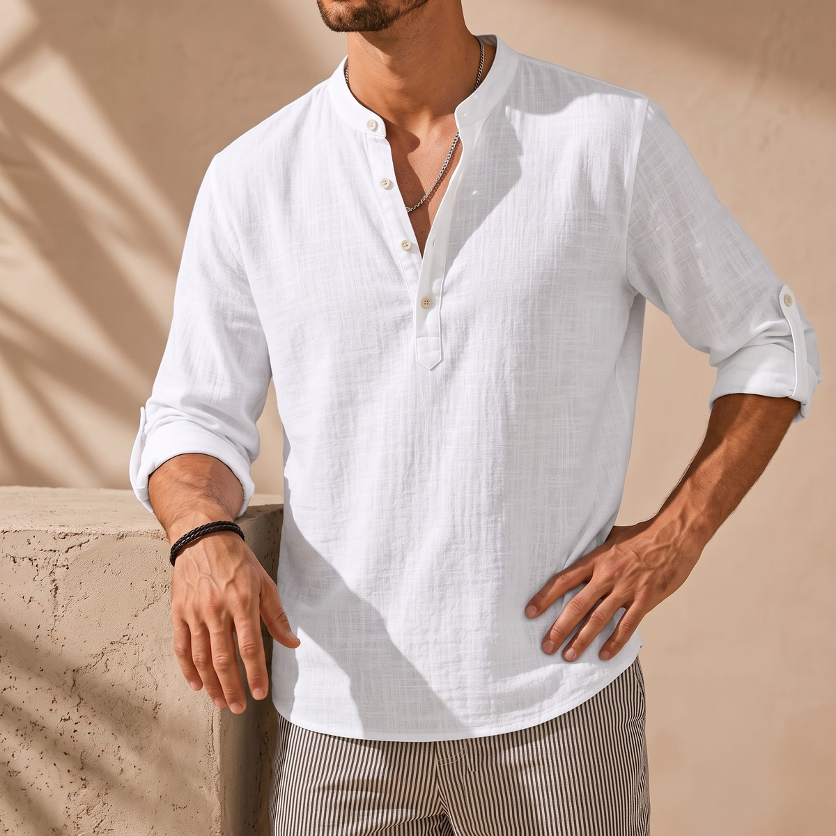 Striped Cotton-Linen Stand Collar Shirt