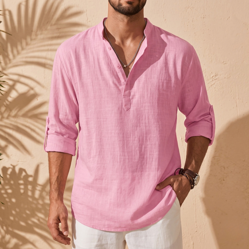 Striped Cotton-Linen Stand Collar Shirt