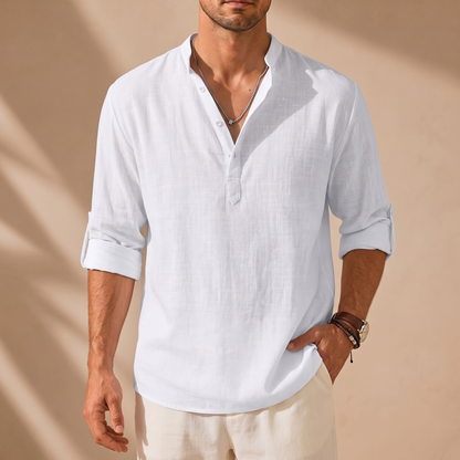 Striped Cotton-Linen Stand Collar Shirt