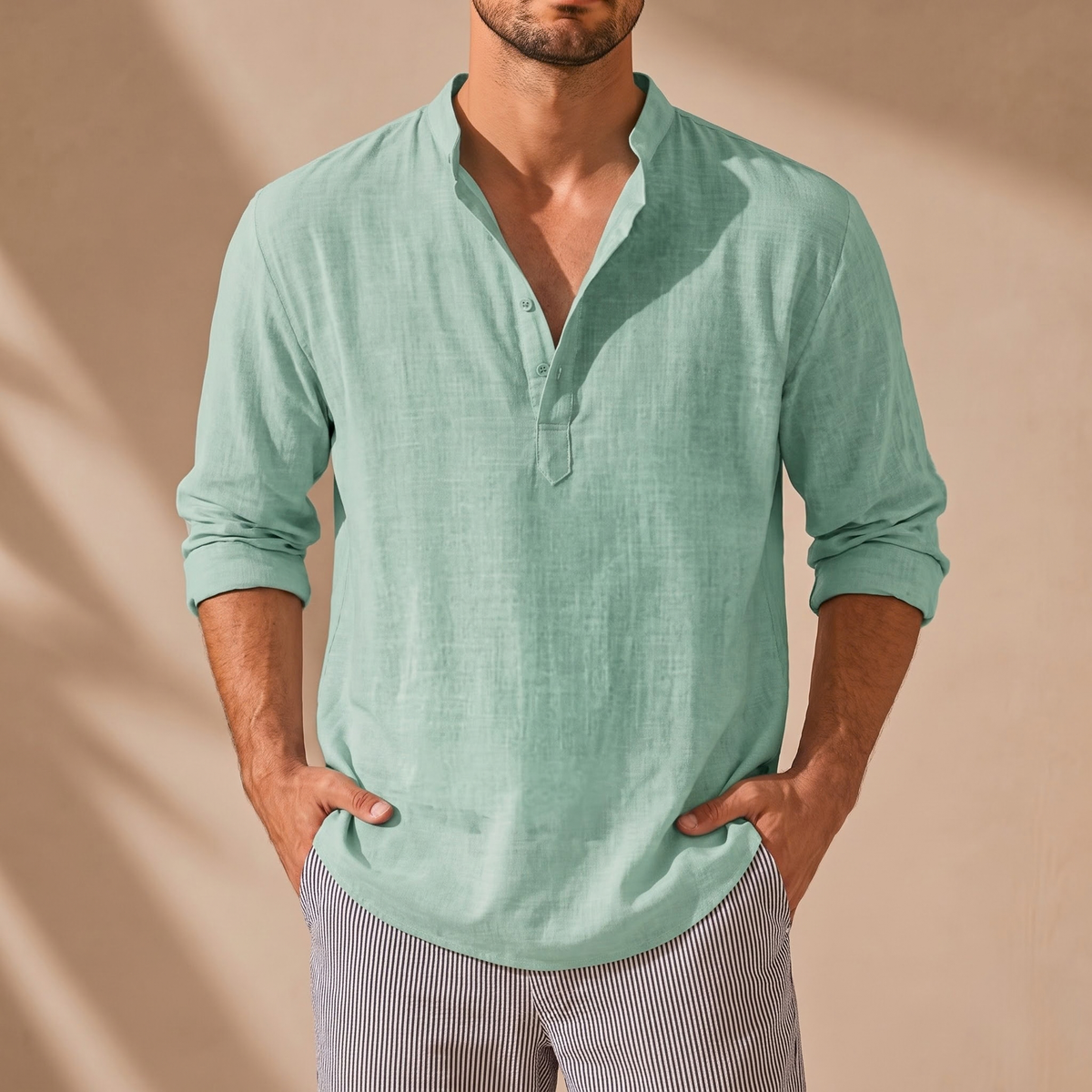 Striped Cotton-Linen Stand Collar Shirt