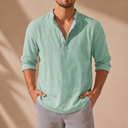 Striped Cotton-Linen Stand Collar Shirt