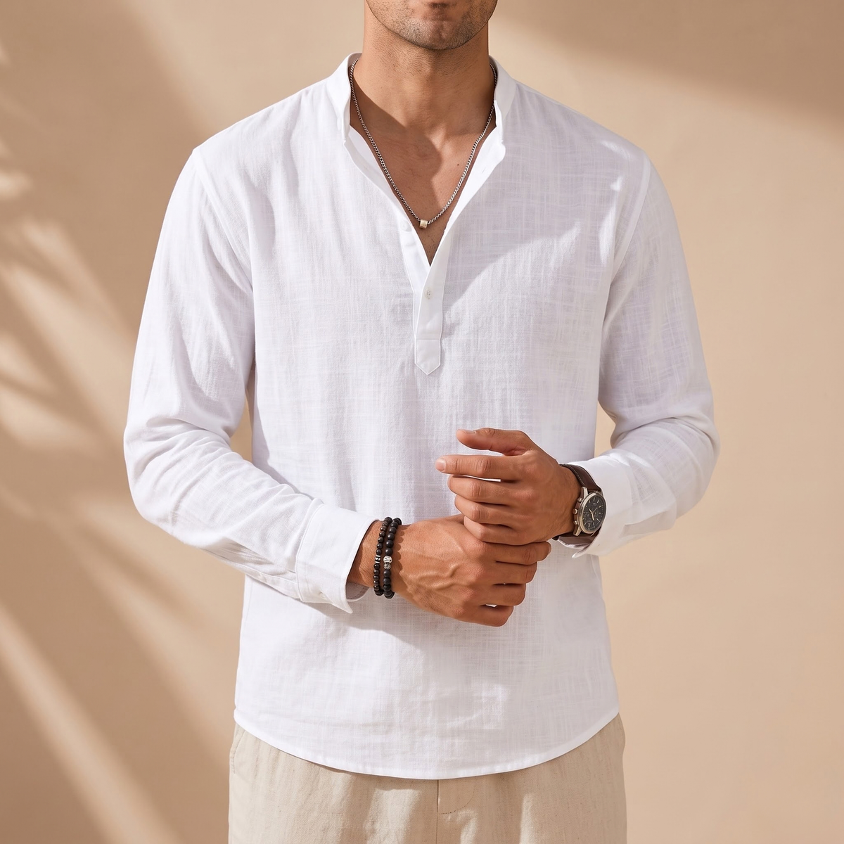 Striped Cotton-Linen Stand Collar Shirt