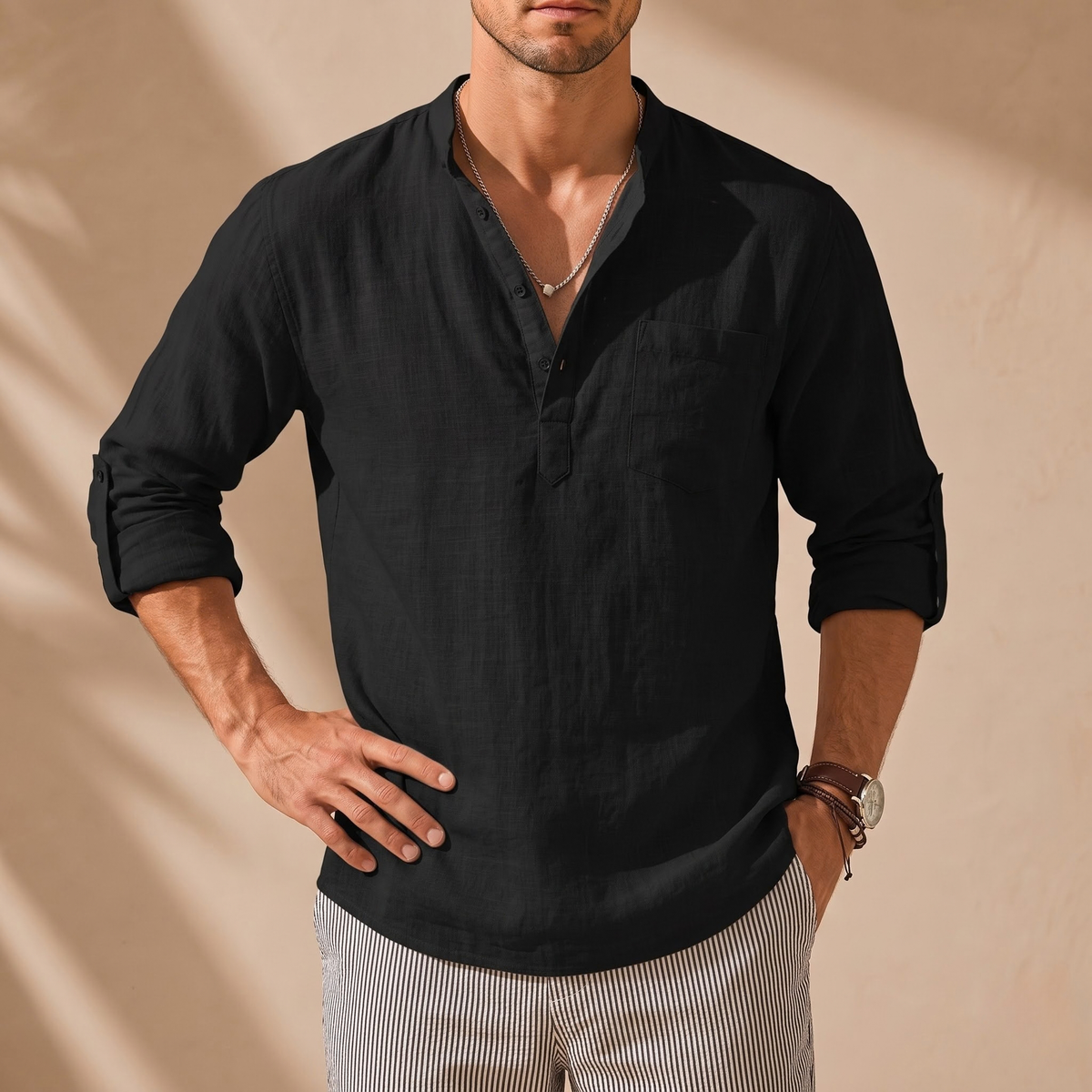 Striped Cotton-Linen Stand Collar Shirt