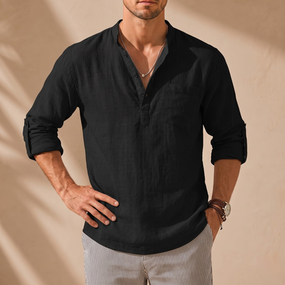 Striped Cotton-Linen Stand Collar Shirt