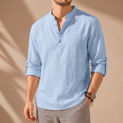 Striped Cotton-Linen Stand Collar Shirt